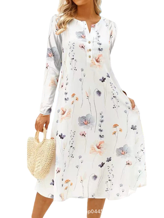 Long sleeve dress for women with a floral design and a button closure all the way down Lune London