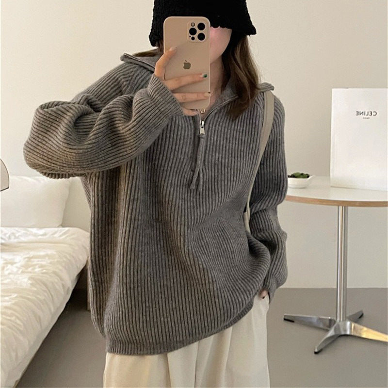 Ladies light knit sweater with high collar and decorative zipper Lune London