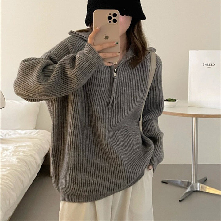 Ladies light knit sweater with high collar and decorative zipper Lune London