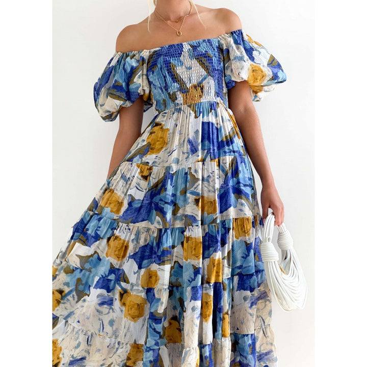 Maxi dress with ruffles off the shoulders for women with floral pattern Lune London