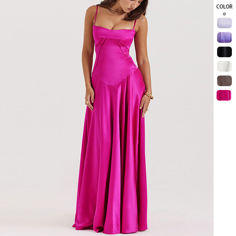 Women's Elegant Maxi Dress with Slim Spaghetti Straps and Flowing Satin Fall Lune London