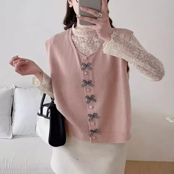Fashion Knitted Tank Top for Women with Fun Knots and Continuous Button Placket Lune London