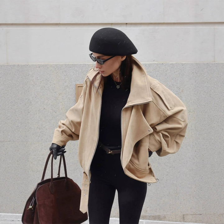Lady Oversized Suede Jacket with Asymmetrical Cut and Chic Fashion Details