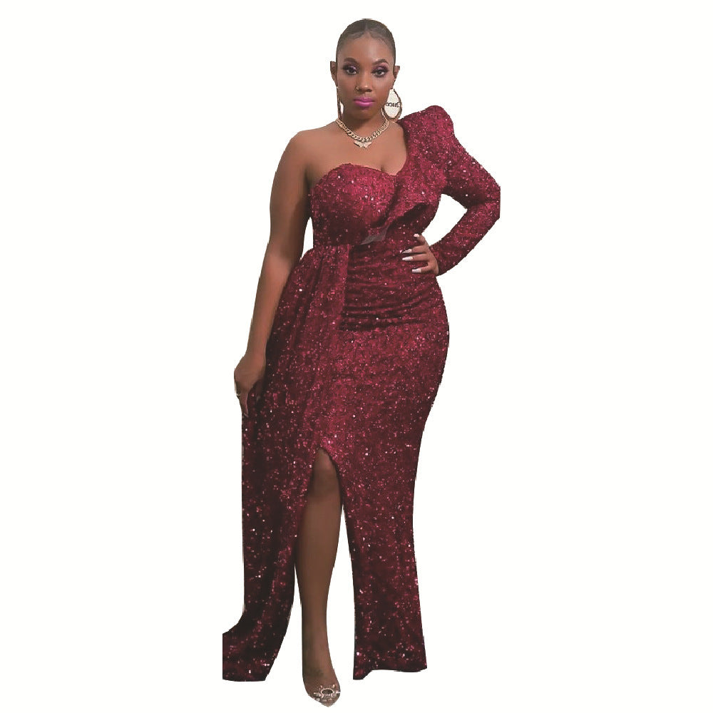 Women Elegant Off-Shoulder Maxi Dress with Shimmering Accents and Asymmetrical Design Lune London
