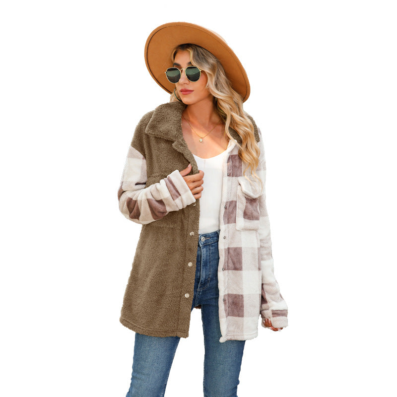 Fleece coat for women with plaid pattern and buttonhole Lune London