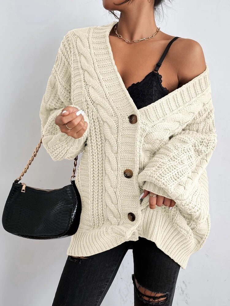 Chunky knit cardigan for women with decorative braid pattern Lune London