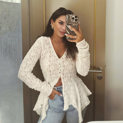 Women elegant transparent top with lace and asymmetric cut Lune London