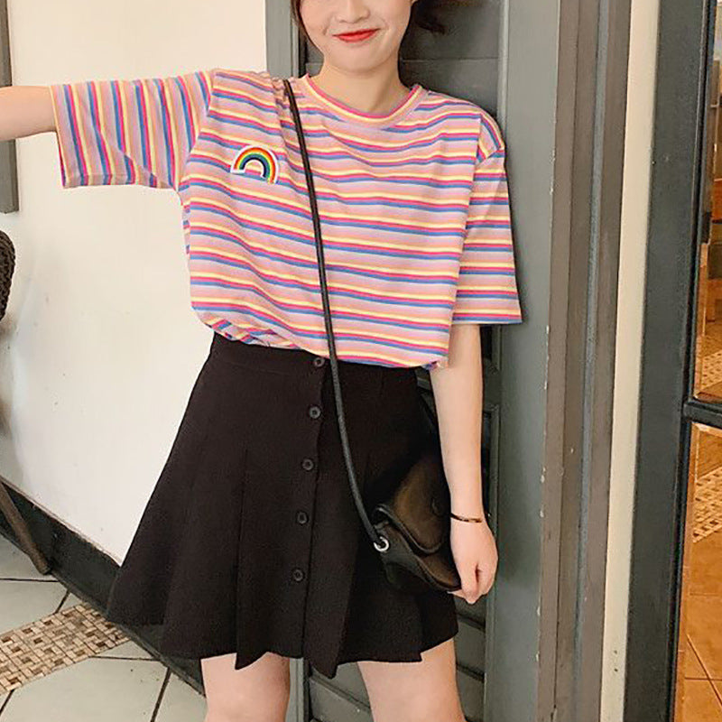 Women's striped T-shirt with colorful rainbow patch Lune London