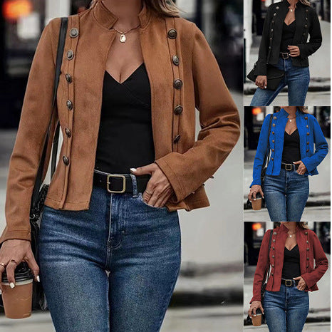 Trendy short women's jacket with classic stand collar and decorative button details Lune London