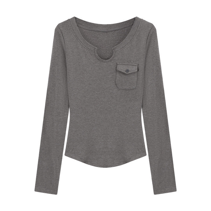 Women's Slim-Fit Long Sleeve Shirt with Round Neck and Chest Pocket Chic & Stil
