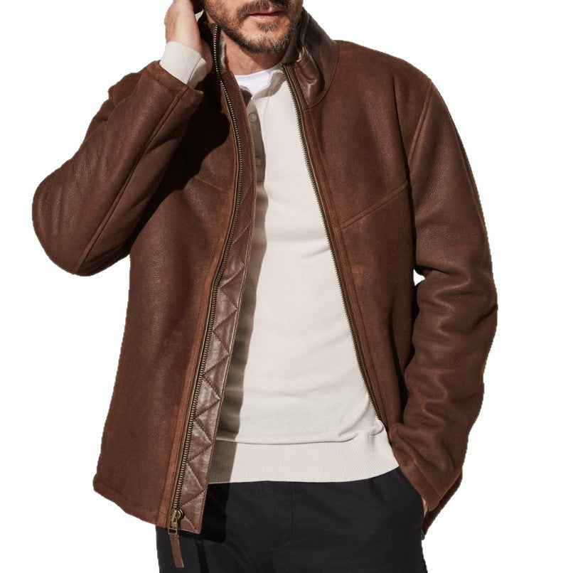 Men's Robust Leather Jacket with Quilted Details and High Collar Lune London