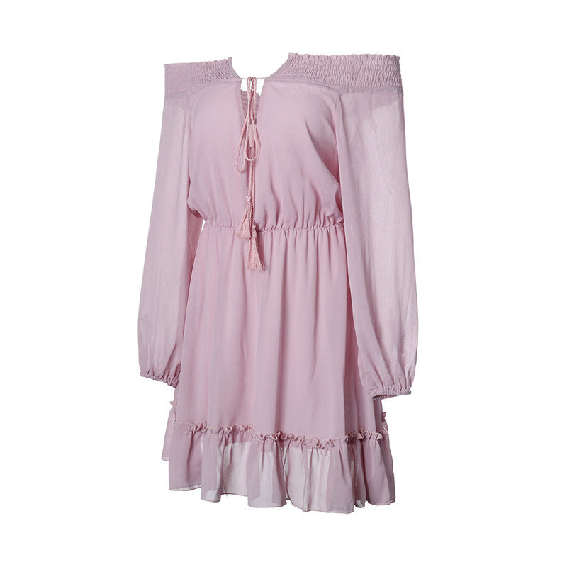 Off-shoulder dress for women with ruffle details and elastic waist drawstring Lune London