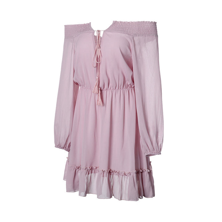 Off-shoulder dress for women with ruffle details and elastic waist drawstring Lune London