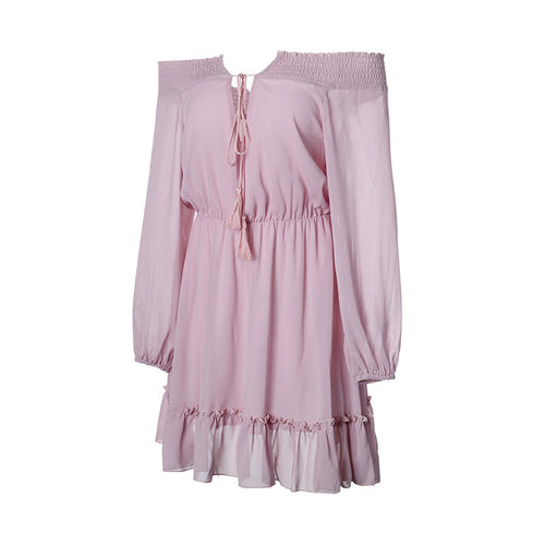 Off-shoulder dress for women with ruffle details and elastic waist drawstring Lune London