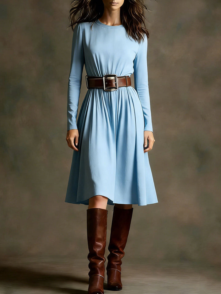 Women Elegant Dress with Long Sleeve and Waist Belt Chic & Stil