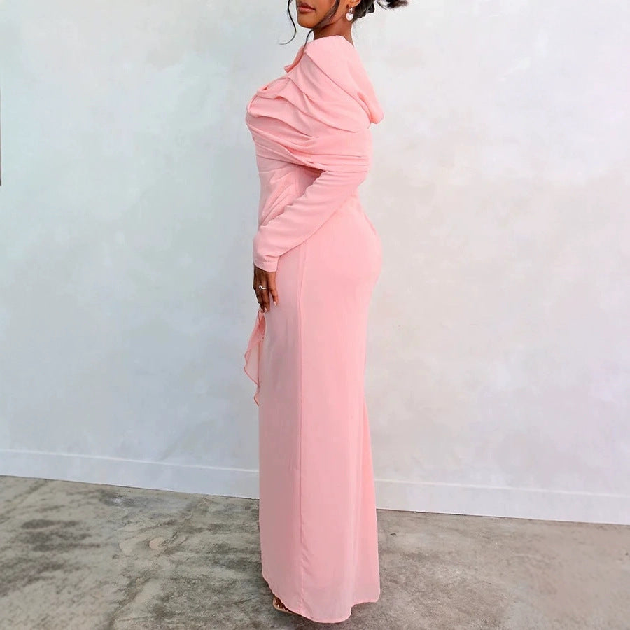 Women's Glamorous Long Sleeve Dress with Draped Top and Flowing Cut Lune London
