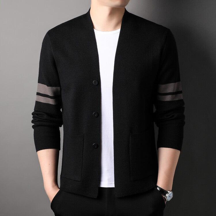 Fashion knitted cardigan for men with low collar and decorative stripes Lune London