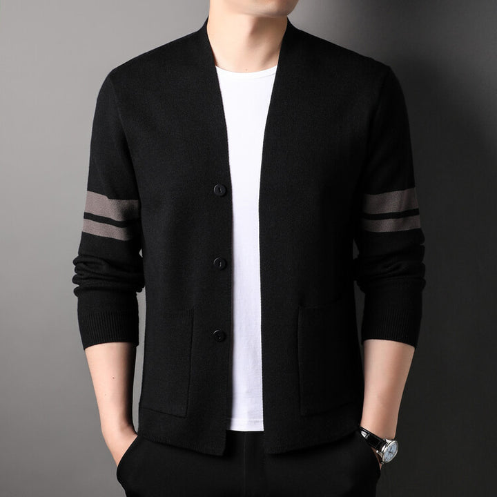 Fashion knitted cardigan for men with low collar and decorative stripes Lune London