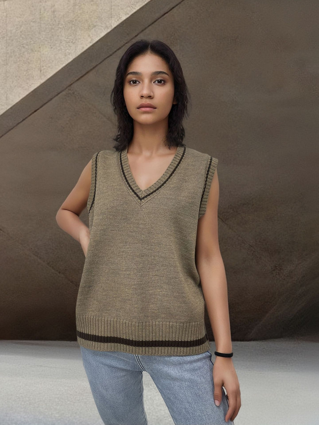 Women’s knitted top with V-neck and contrasting edges Lune London