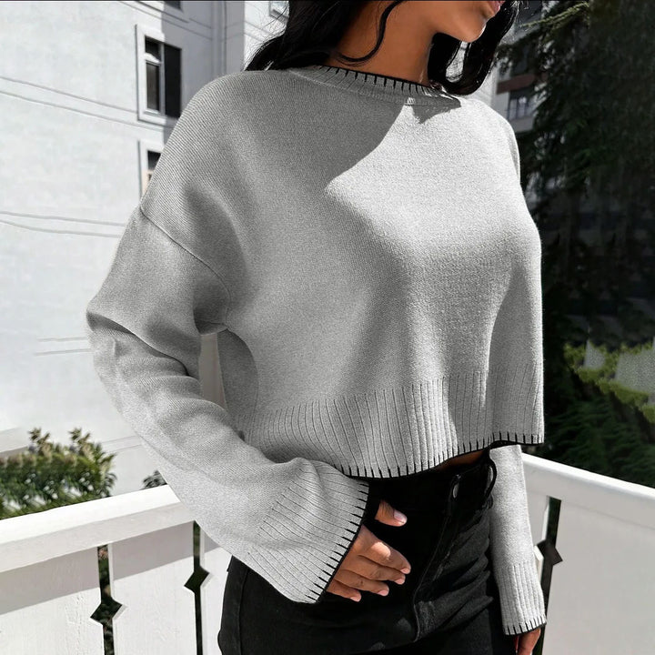 Cropped knitted sweater for women with wide hem and decorative detail Lune London