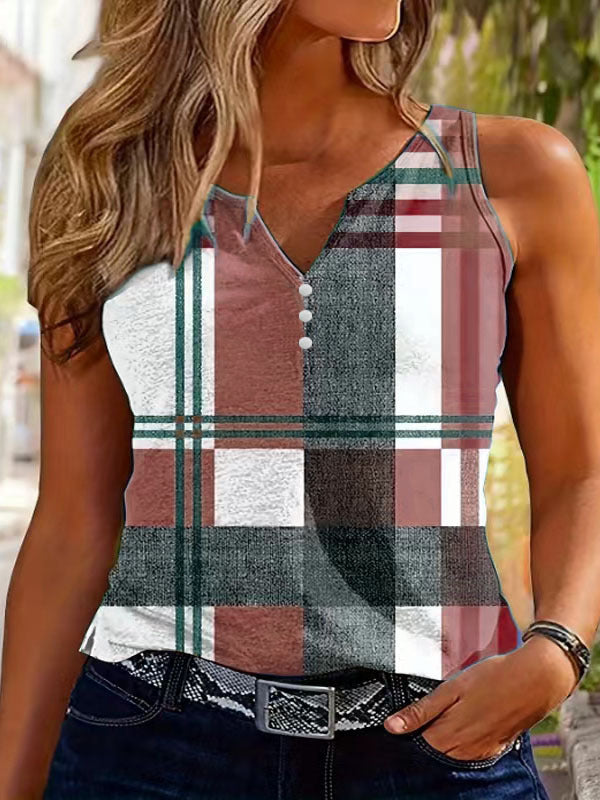 Sleeveless top for women with V-neck, decorative button detail, and modern plaid pattern Lune London