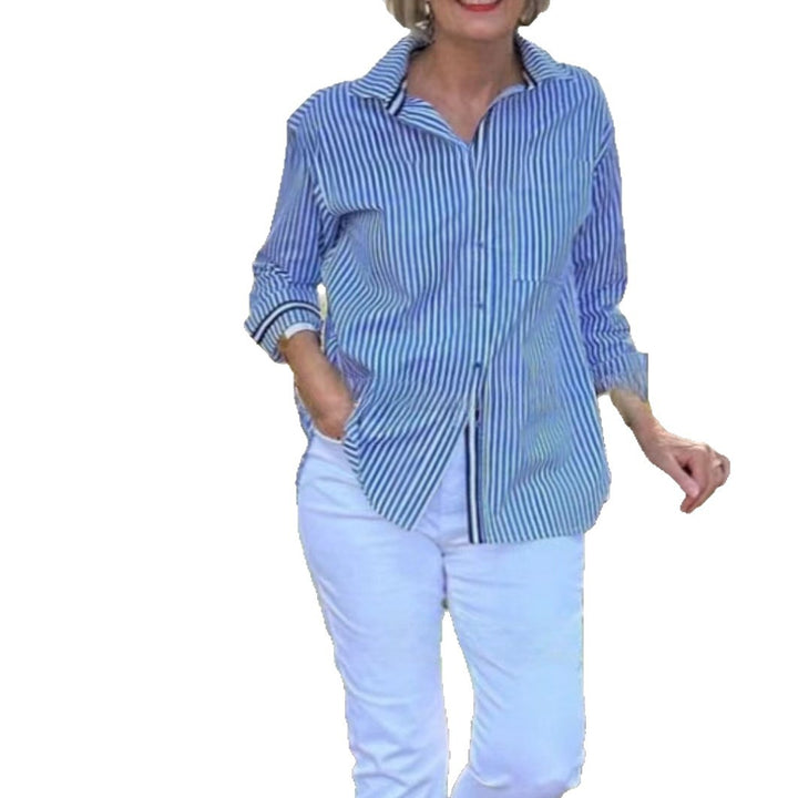 Striped long sleeve blouse for women with hidden button placket and loose fit Lune London