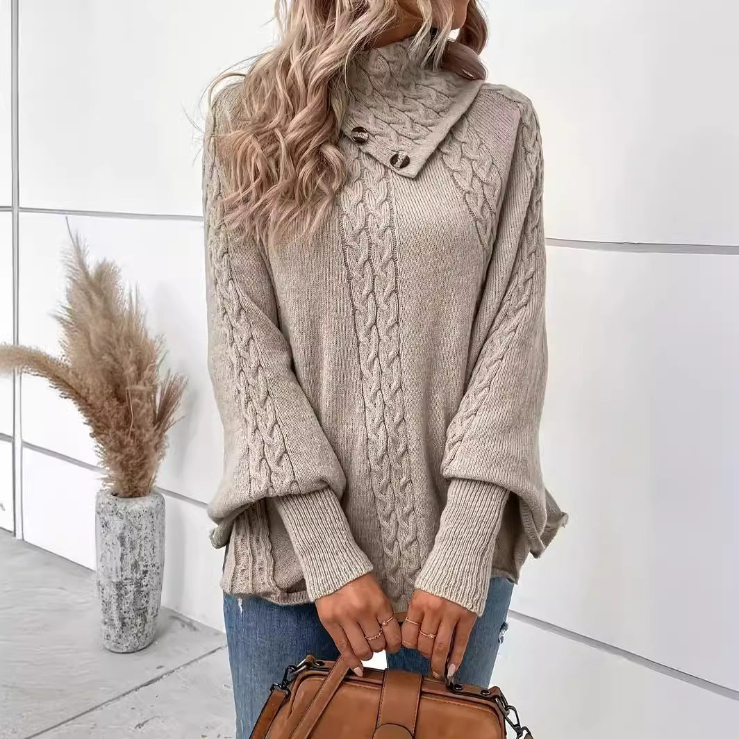 Wool sweater for women with high collar and cable knit pattern Lune London