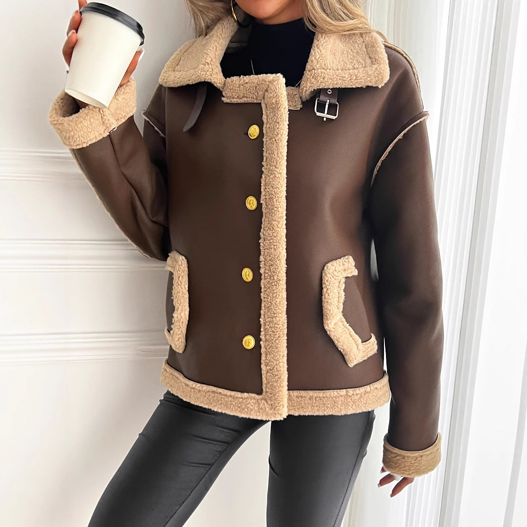 Short women's jacket with faux fur trim and practical pockets Lune London