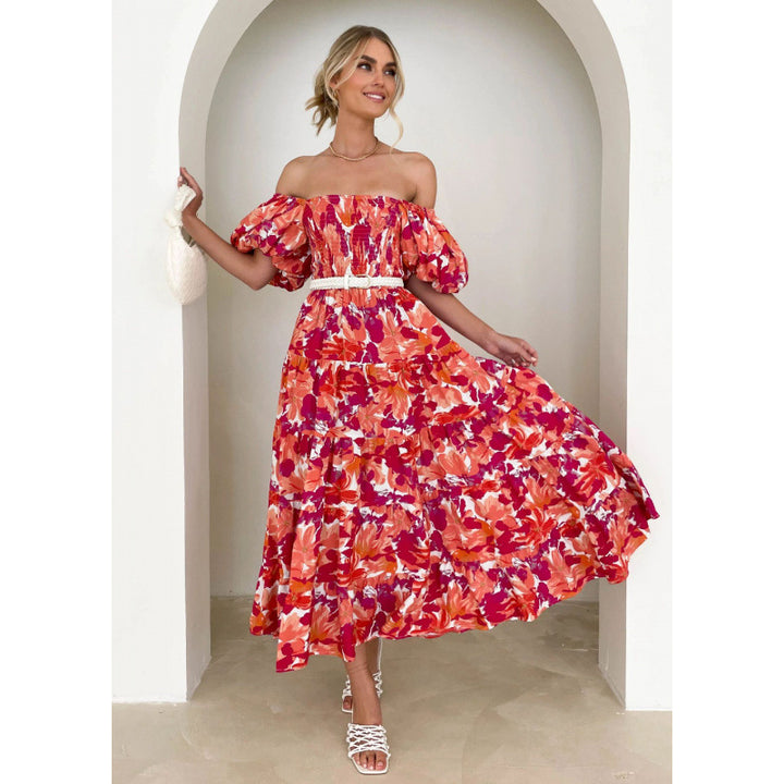 Maxi dress with off-shoulder flowers Lune London