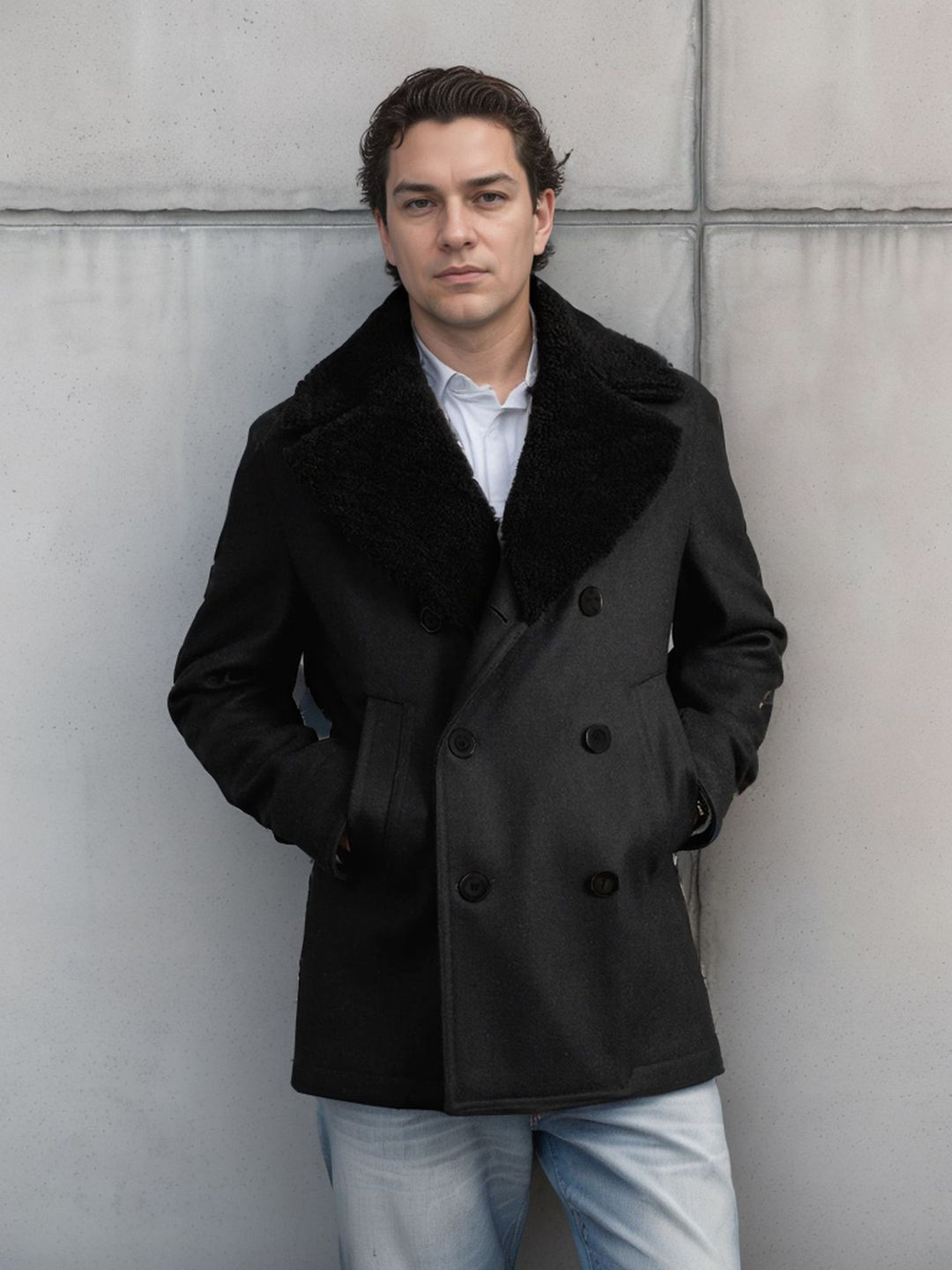 Double-breasted wool coat for men with faux fur collar Lune London