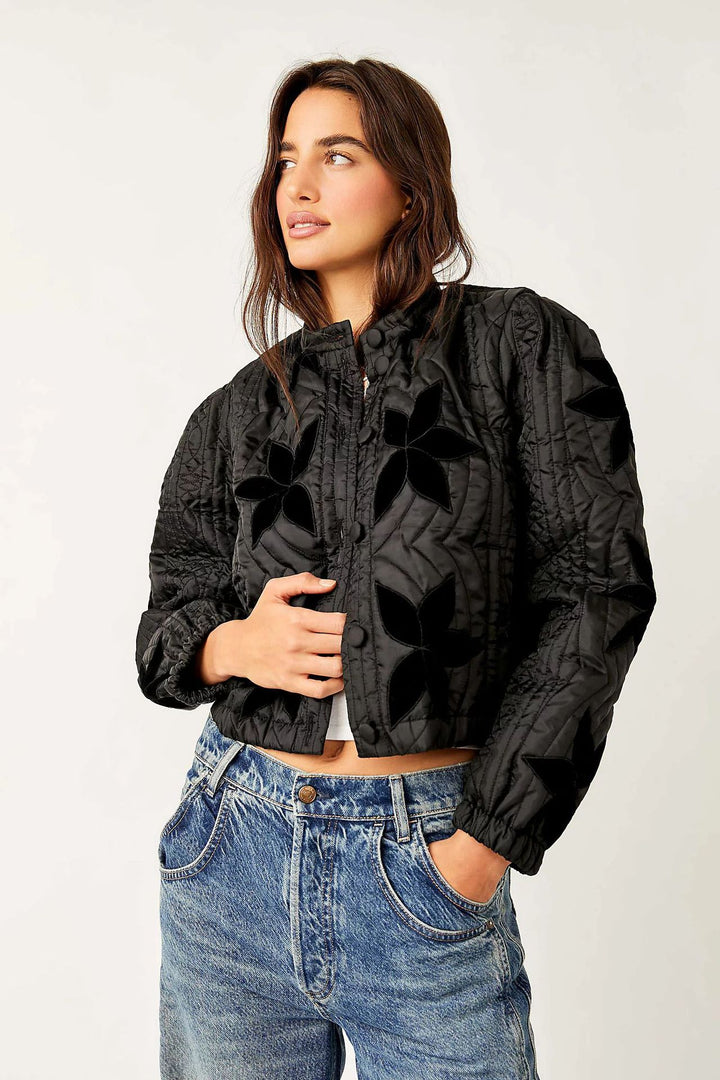 Ladies quilted bomber jacket with floral design Lune London