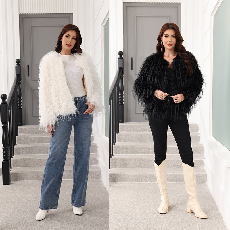 Ladies Short Soft Faux Fur Jacket with Flared Sleeves Lune London