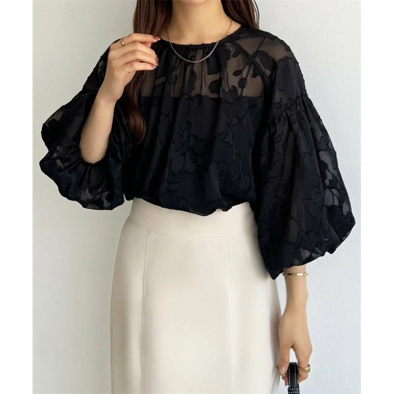 Ladies Blouse with Transparent Puff Sleeves Floral Lune London