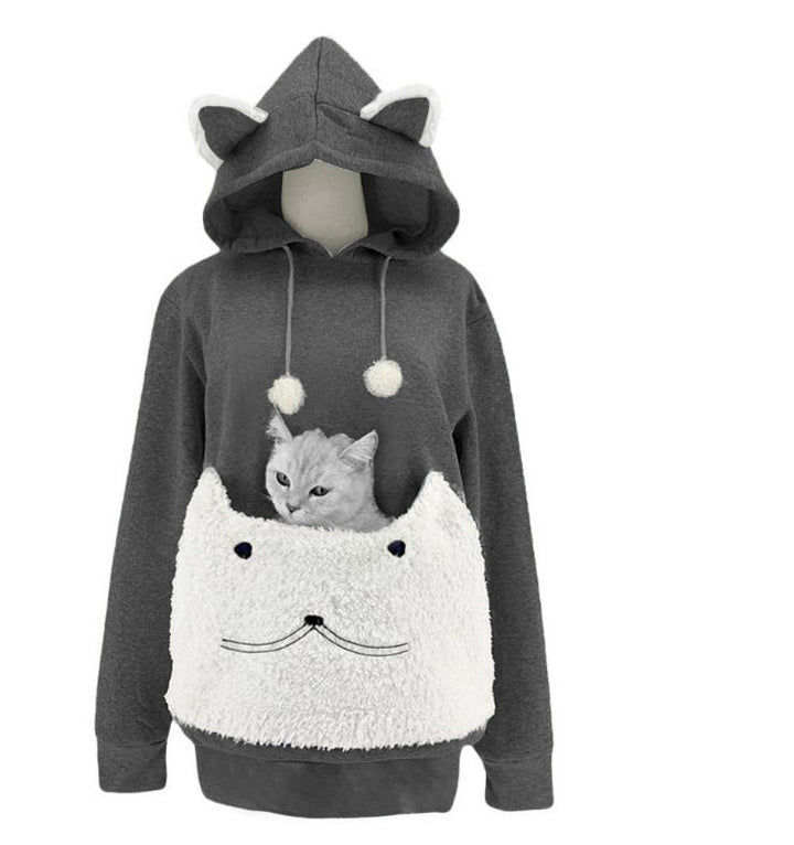 Ladies Cozy Hoodie with Cat Motif and Practical Kangaroo Pocket Lune London