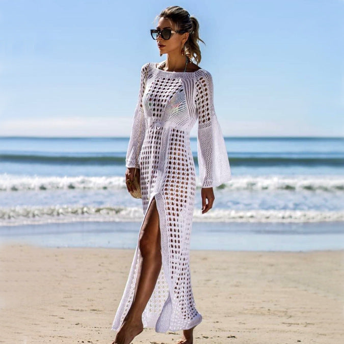Women's Airy Crochet Beach Dress with Long Sleeves and Side Slit Lune London