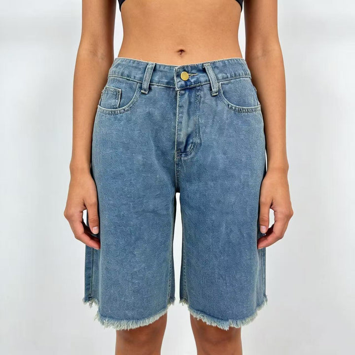 Women's Casual Denim Shorts with Frayed Hem and High Waist Lune London