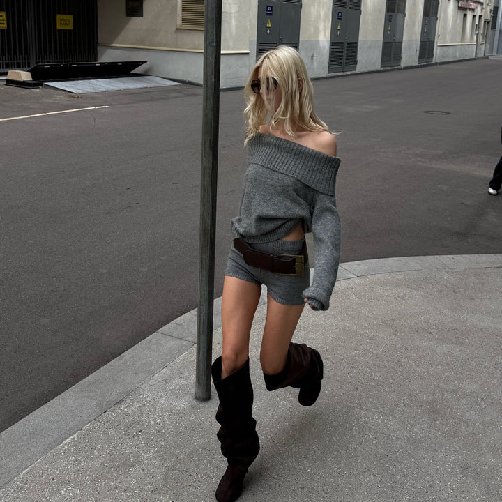 Oversized knitted sweater for women with delicate shoulder design and chic sporty shorts