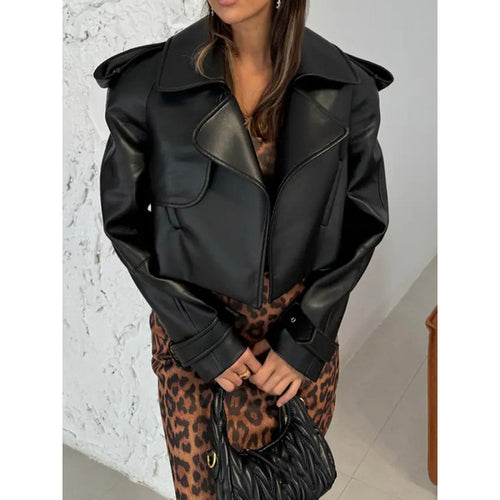 Short synthetic leather biker jacket for women with structured details Lune London