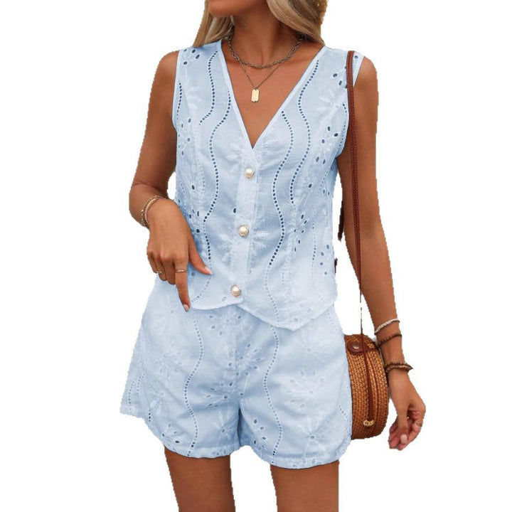 Lune London embroidered eyelet blouse and shorts set for women