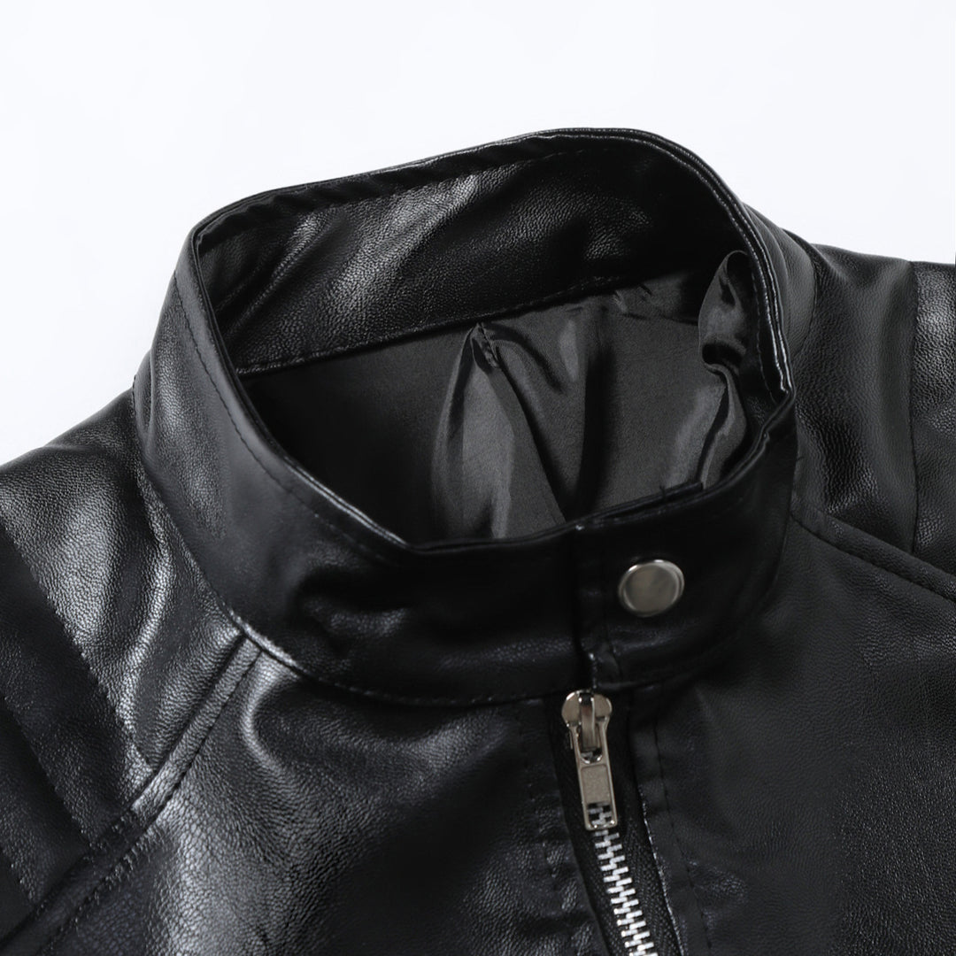 Trendy men's leather biker jacket with asymmetrical zipper and chic and stylish details