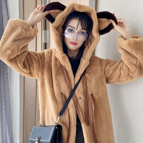 Ladies Cozy Faux Fur Jacket with Hood and Bow Details Lune London