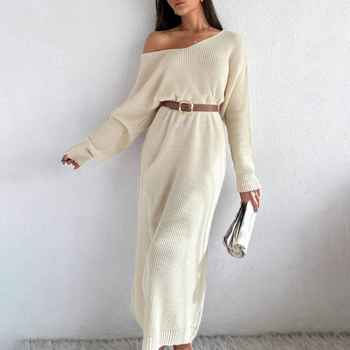 Casual knitted dress for women with an asymmetric cut and an elegant belt Lune London
