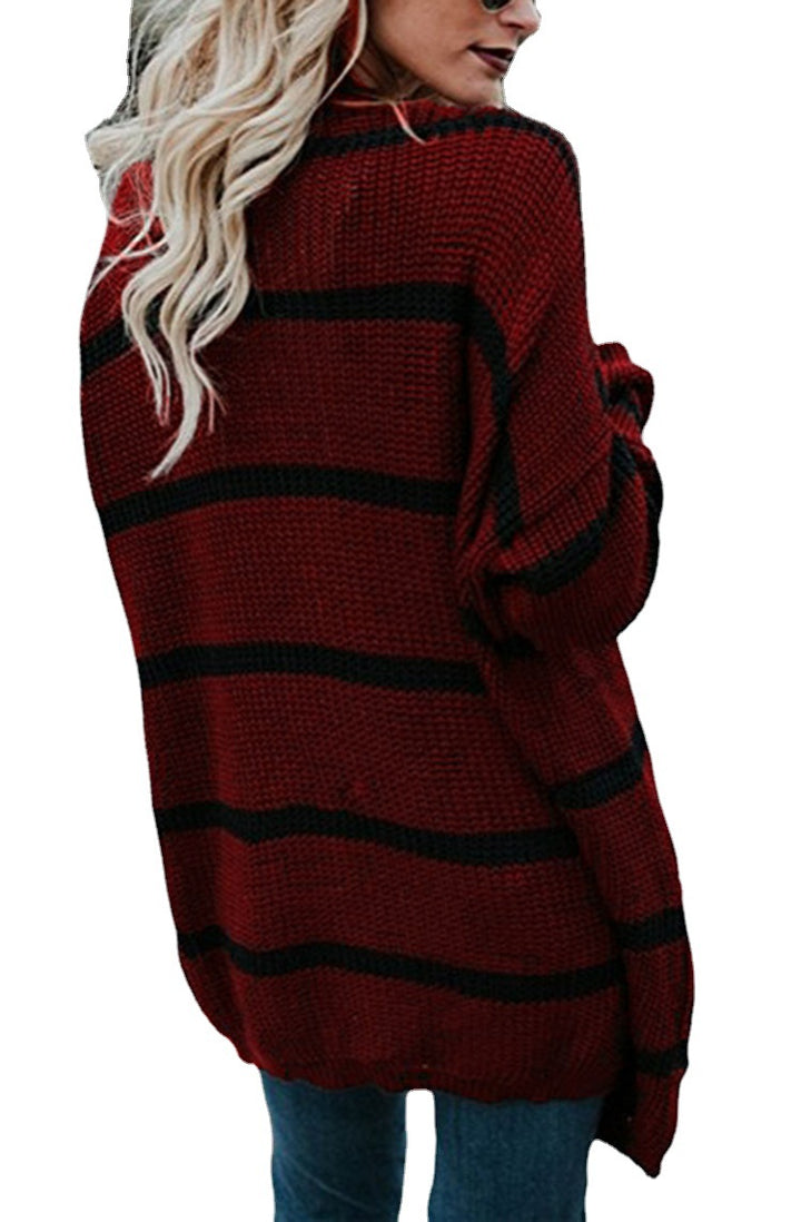 Ladies chunky knit cardigan with large pockets and a modern striped pattern Lune London