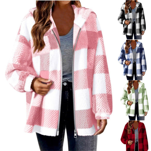 Fleece jacket for women with plaid pattern and hood Lune London