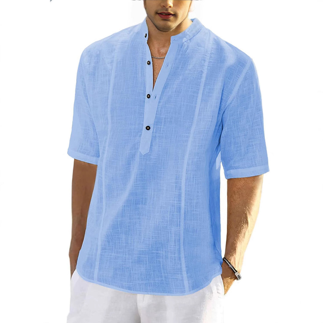 Short Sleeve Linen Shirt for Men with High Collar and Button Placket Chic und Stil