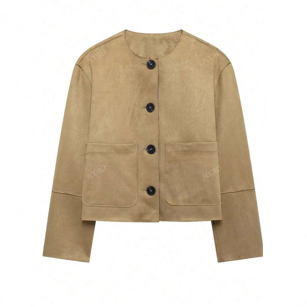 Fashionable women's suede jacket with front pockets and button detail Lune London