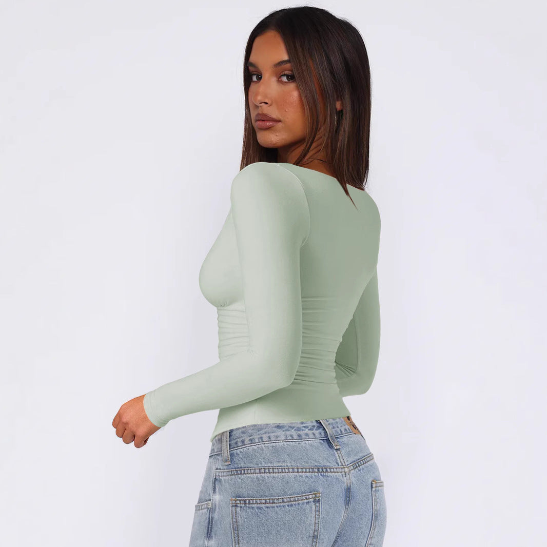 Women's Fitted Long-Sleeve Top with V-Neck and Ruching Lune London