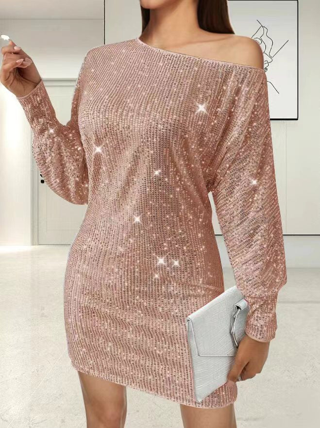 Glamorous mini dress for women with asymmetric sleeve design and sparkling effects Lune London