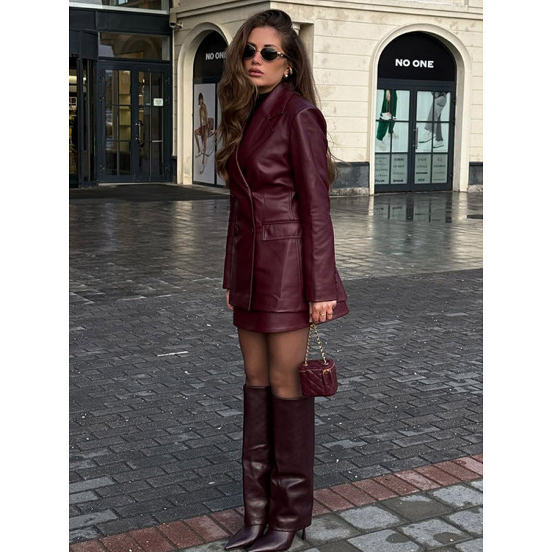 Elegant faux leather blazer jacket for women, fitted cut with trendy detail Lune London