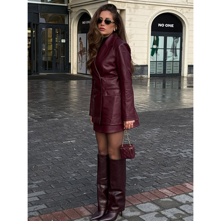 Elegant faux leather blazer jacket for women, fitted cut with trendy detail Lune London